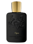 Black bottle of Parfums de Marly Oajan fragrance with gold cap and embossed horses.