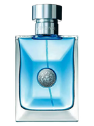 Versace Pour Homme Eau de Toilette bottle with blue liquid and silver cap.