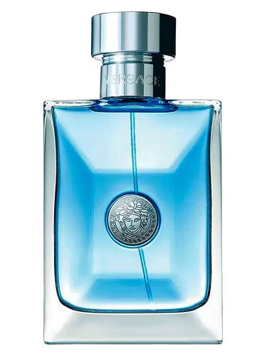 Versace Pour Homme Eau de Toilette bottle with blue liquid and silver cap.
