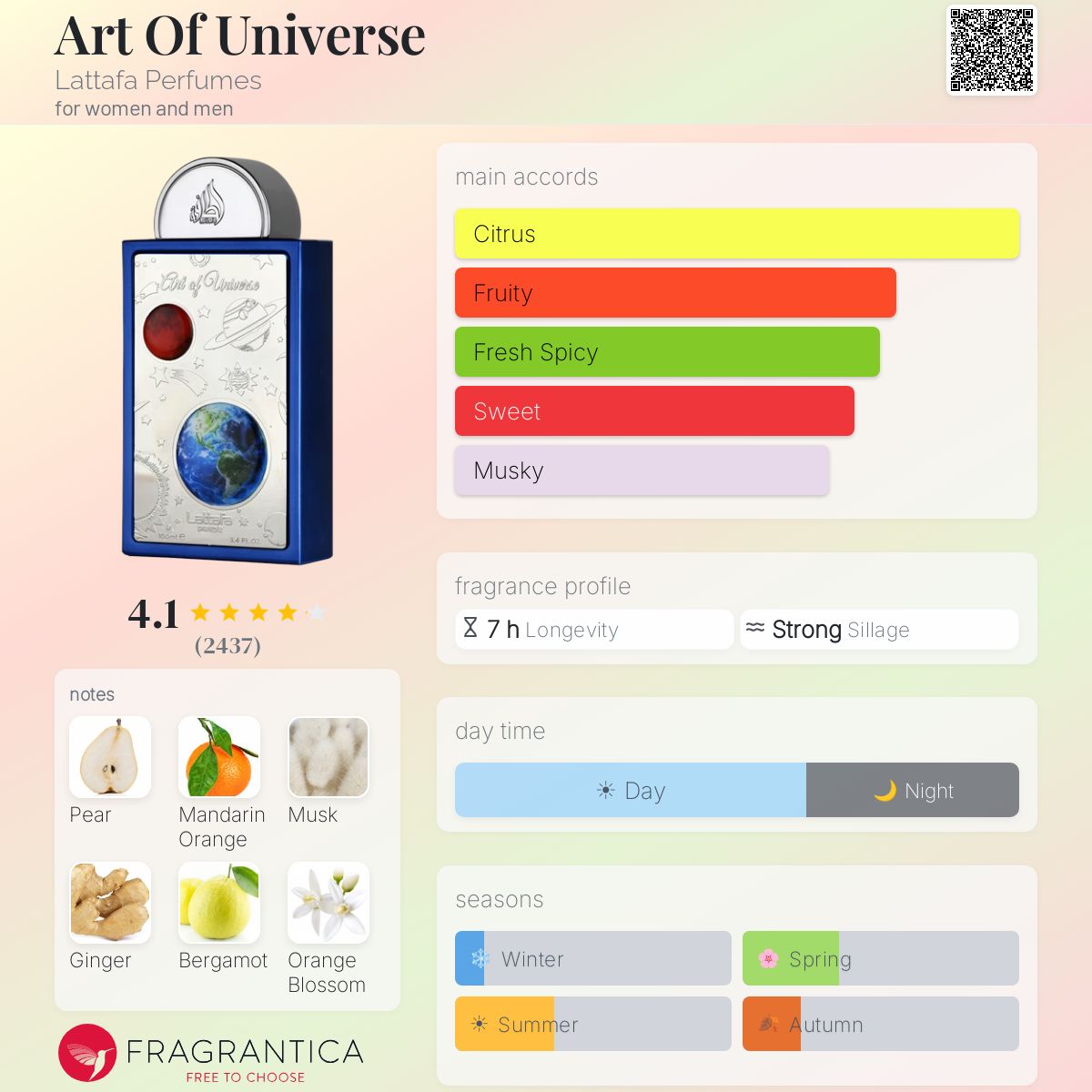 Lattafa Art of Universe fragrance bottle with main accords: Citrus, Fruity, Fresh Spicy, Sweet, Musky.