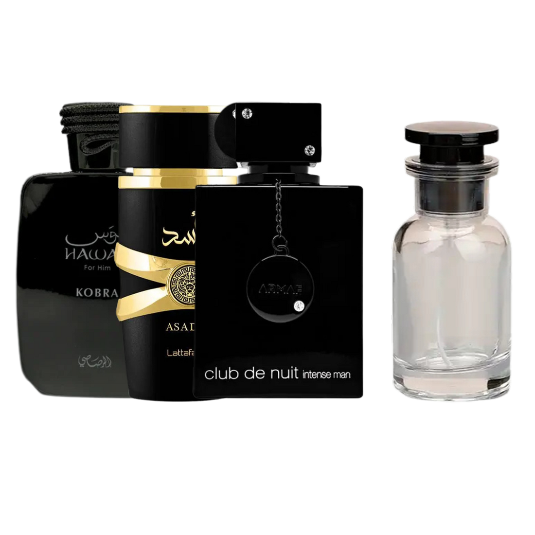 Three black perfume bottles with gold accents and text.