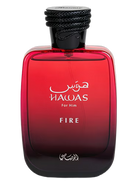 Rasasi Hawas Fire Eau de Parfum for Men, red gradient bottle with black cap.