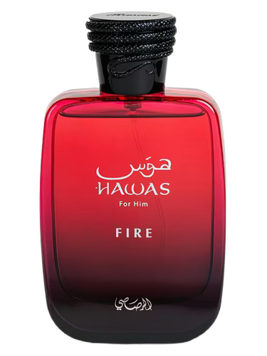 Rasasi Hawas Fire Eau de Parfum for Men, red gradient bottle with black cap.