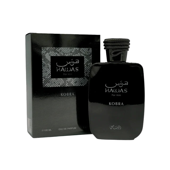 A black bottle and box of Rasasi Hawas Kobra Eau de Parfum for him.