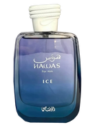 Rasasi Hawas Ice For Him perfume bottle with blue gradient glass.