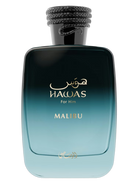 Rasasi Hawas Malibu For Him perfume bottle with a gradient of dark green to teal and gold lettering.