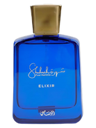 Rasasi Shuhrah Pour Homme Elixir blue glass perfume bottle with gold cap.