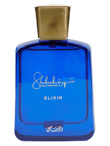 Rasasi Shuhrah Pour Homme Elixir blue glass perfume bottle with gold cap.