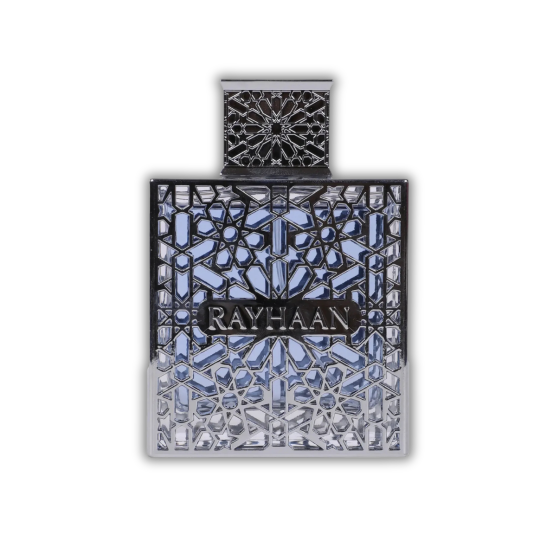 Rayhaan Aquatica EDP decant bottle with intricate silver metal overlay and blue glass.