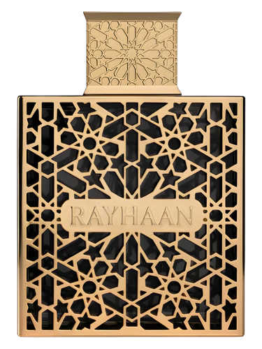Gold geometric patterned bottle with the name RAYHAAN embossed on the front.