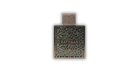 Rayhaan Terra EDP decant bottle with intricate geometric metal overlay and silver cap.
