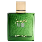 Green glass bottle of Rayhaan Jungle Vibes perfume with gold cap.