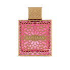 Rayhaan Kiss EDP decant bottle with pink liquid and gold ornate geometric pattern.