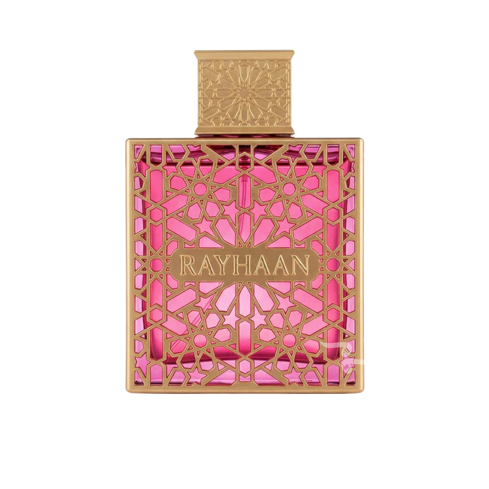 Rayhaan Kiss EDP decant bottle with pink liquid and gold ornate geometric pattern.