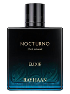 Rayhaan Nocturno Elixir Pour Homme fragrance bottle with black and blue gradient.