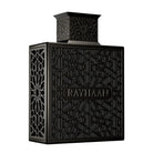 Black Rayhaan Obsidian EDP fragrance bottle with intricate geometric patterns.