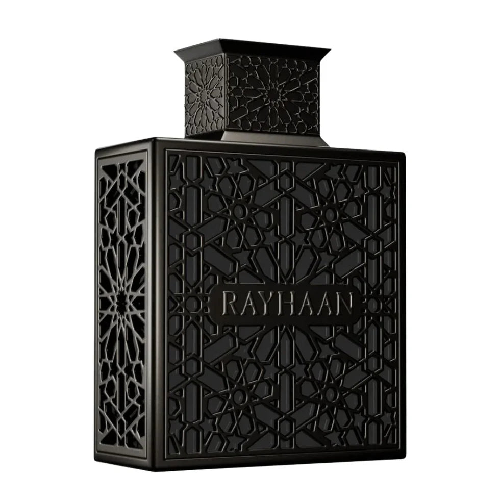 Black Rayhaan Obsidian EDP fragrance bottle with intricate geometric patterns.