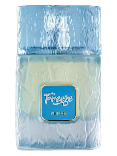 Riiffs Freeze perfume bottle with a textured blue cap and frosted glass body.