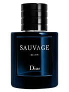 Dior Sauvage Elixir fragrance bottle with black cap and blue glass.