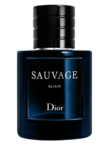 Dior Sauvage Elixir fragrance bottle with black cap and blue glass.