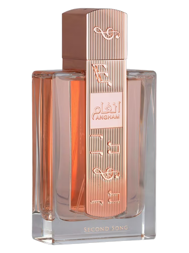 Lattafa Angham Second Song Eau de Parfum bottle with rose gold accents and musical notes.