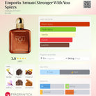 Emporio Armani Stronger With You Spices fragrance bottle with notes and accords listed.