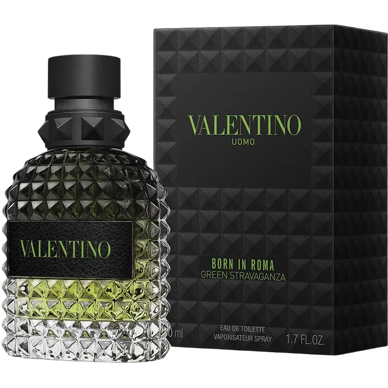 Valentino Uomo Born in Roma Green Stravaganza Eau de Toilette bottle and box.