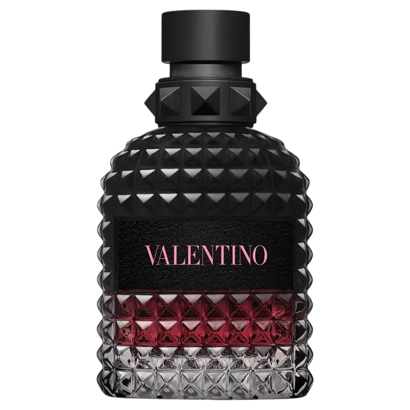 Valentino Uomo Born in Roma Intense perfume bottle with black studded cap and bottle.