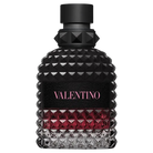 Valentino Uomo Born in Roma Intense fragrance bottle with black studded exterior and pink label.