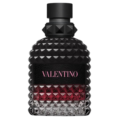 Valentino Uomo Born in Roma Intense perfume bottle with black studded cap and bottle. — fragrance sample