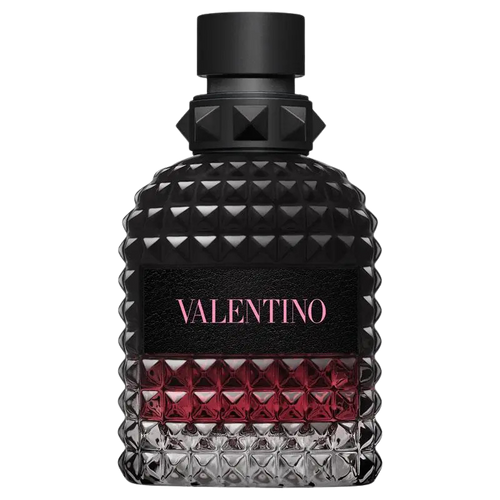 Valentino Uomo Born in Roma Intense perfume bottle with black studded cap and bottle.