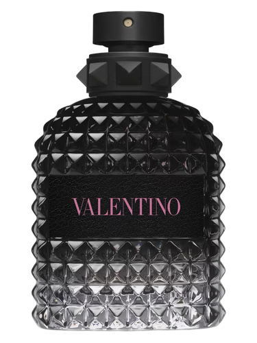 Valentino Born in Roma Eau de Toilette bottle with black studded cap and black label.