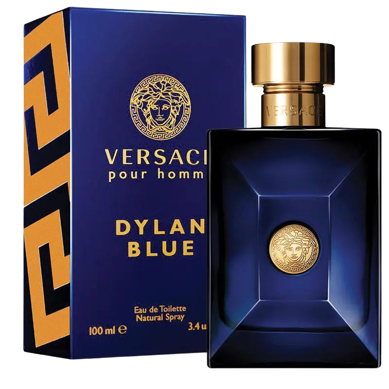 Versace Dylan Blue Eau de Toilette for men in a blue bottle with gold accents.