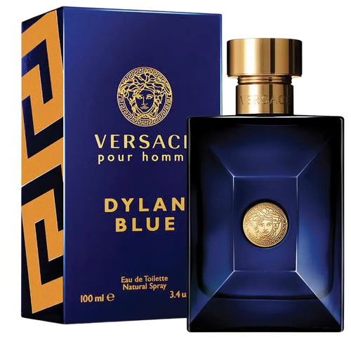 Versace Dylan Blue Eau de Toilette for men in a blue bottle with gold accents.