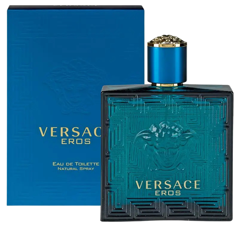 Versace Eros Eau de Toilette bottle and box in blue.