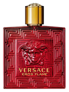 Versace Eros Flame Eau de Parfum bottle, red glass with gold cap and Medusa head emblem.