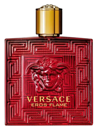 Versace Eros Flame Eau de Parfum bottle, red glass with gold cap and Medusa head emblem.