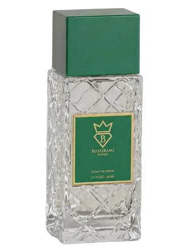 Bujairami Vibration Extrait de Parfum in a clear, textured glass bottle with a green cap and label.
