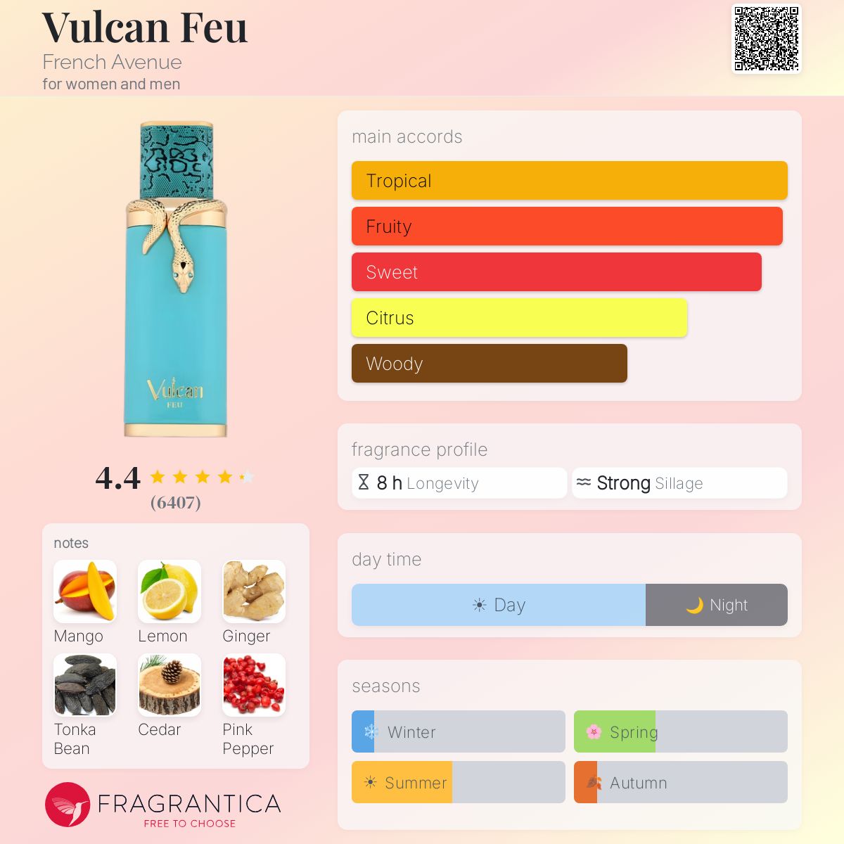 Vulcan Feu fragrance bottle with gold snake accent, surrounded by notes of mango, lemon, ginger, tonka bean, cedar, and pink pepper.