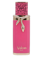 Pink bottle of Vulcan Baie perfume with a gold snake wrapped around the neck and a patterned cap.