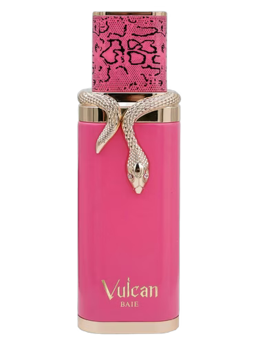 Pink bottle of Vulcan Baie perfume with a gold snake wrapped around the neck and a patterned cap.