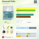 Lattafa Khamrah Waha perfume bottle with notes of citrus, vanilla, and woody accords.