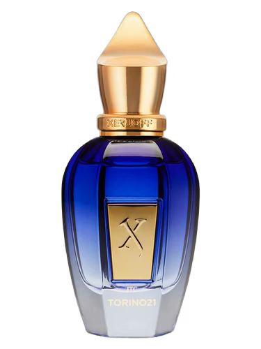 Xerjoff Torino21 Eau de Parfum bottle with blue gradient glass and gold accents.
